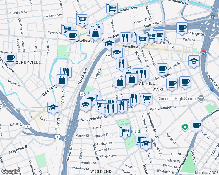 map of restaurants, bars, coffee shops, grocery stores, and more near 102 Ring Street in Providence