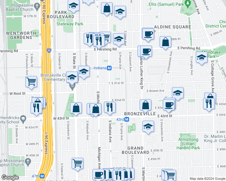 map of restaurants, bars, coffee shops, grocery stores, and more near 4105 South Indiana Avenue in Chicago