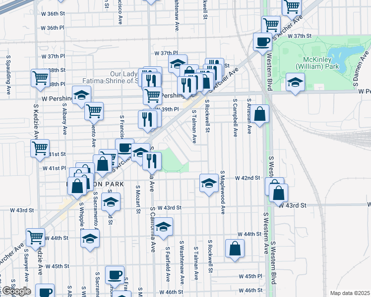 map of restaurants, bars, coffee shops, grocery stores, and more near 4036 South Brighton Place in Chicago