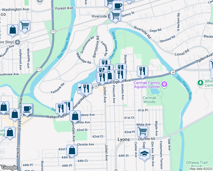 map of restaurants, bars, coffee shops, grocery stores, and more near 7942 Ogden Avenue in Lyons