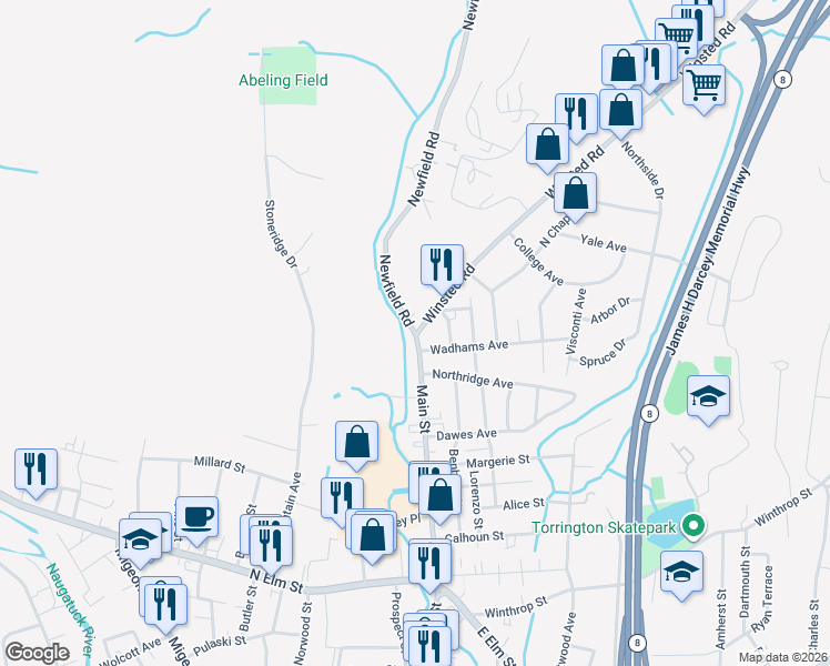 map of restaurants, bars, coffee shops, grocery stores, and more near 27 Winsted Road in Torrington