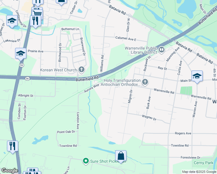 map of restaurants, bars, coffee shops, grocery stores, and more near 29W215 Warrenville Road in Warrenville