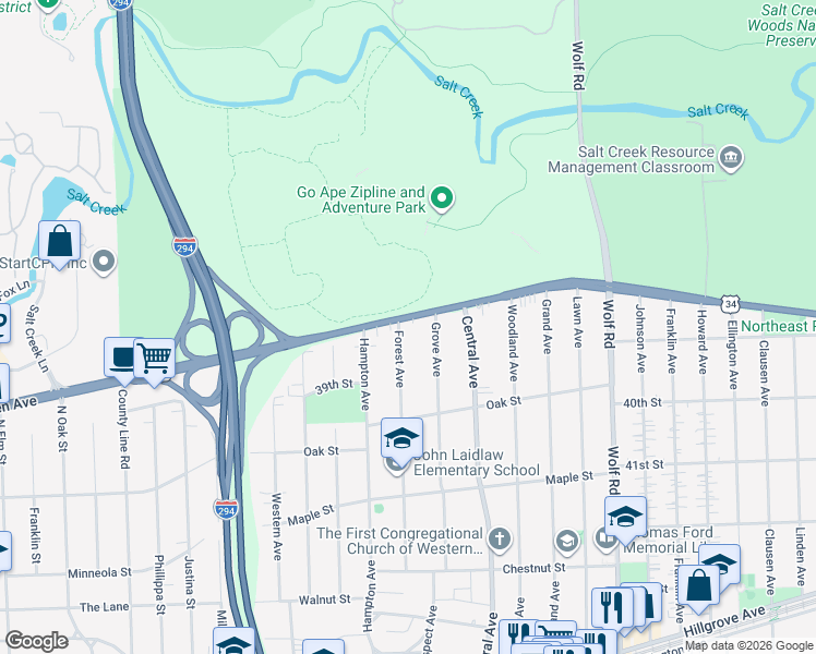 map of restaurants, bars, coffee shops, grocery stores, and more near 3827 Forest Avenue in Western Springs