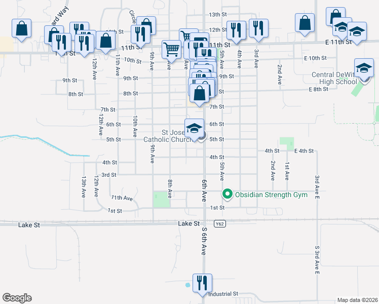 map of restaurants, bars, coffee shops, grocery stores, and more near 417 6th Avenue in DeWitt
