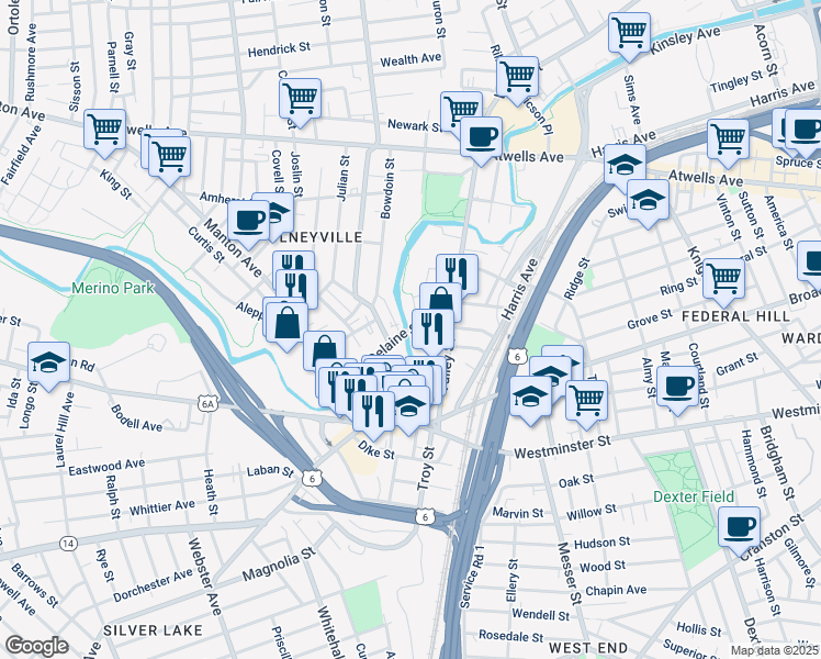 map of restaurants, bars, coffee shops, grocery stores, and more near Delaine Street in Providence