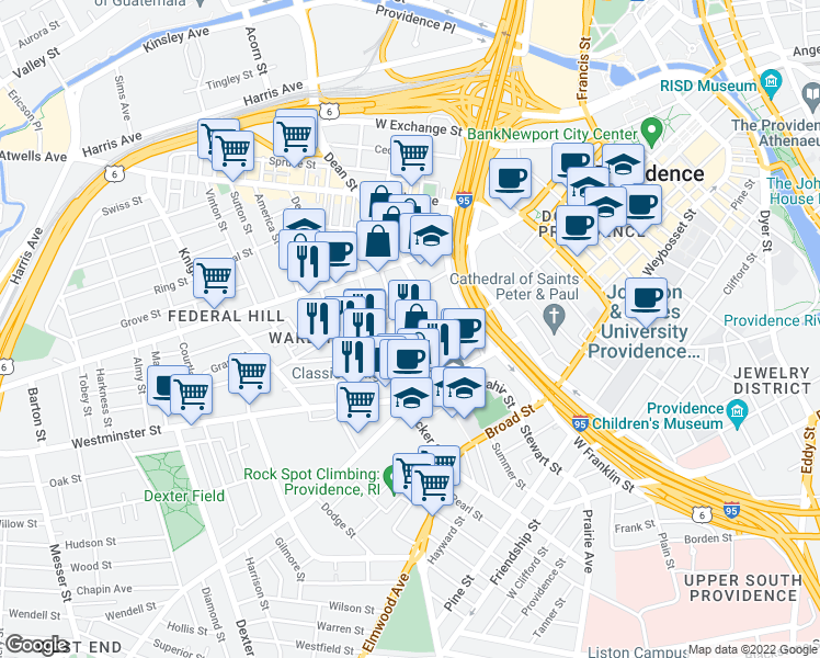map of restaurants, bars, coffee shops, grocery stores, and more near Cargill St in Providence
