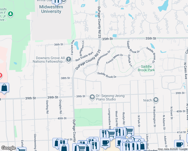 map of restaurants, bars, coffee shops, grocery stores, and more near 339 Hambletonian Drive in Oak Brook