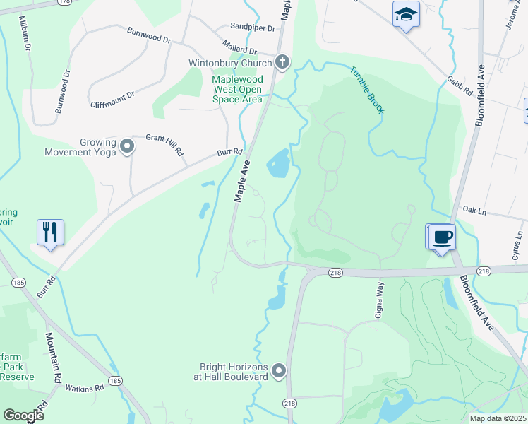 map of restaurants, bars, coffee shops, grocery stores, and more near 18 Colonial Drive North in Bloomfield
