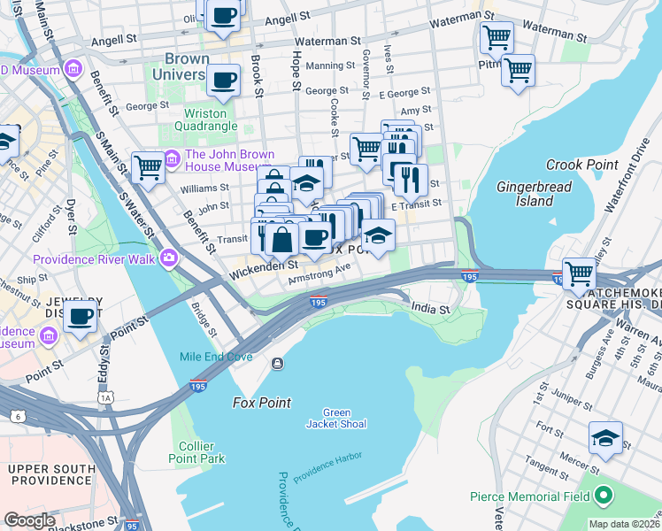 map of restaurants, bars, coffee shops, grocery stores, and more near in Providence