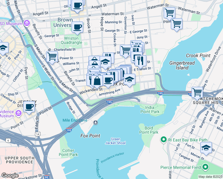 map of restaurants, bars, coffee shops, grocery stores, and more near in Providence