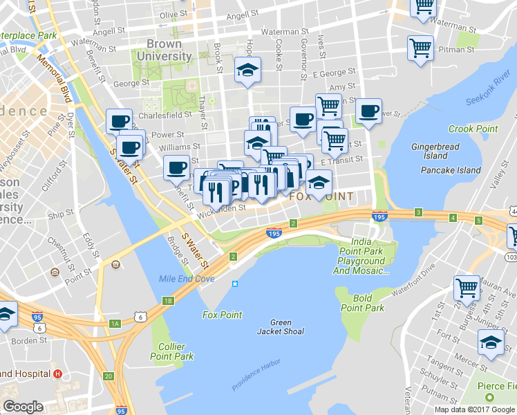 map of restaurants, bars, coffee shops, grocery stores, and more near 105 Sheldon Street in Providence