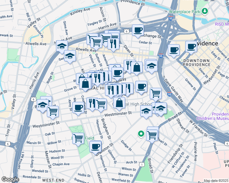 map of restaurants, bars, coffee shops, grocery stores, and more near 23 Primrose Street in Providence