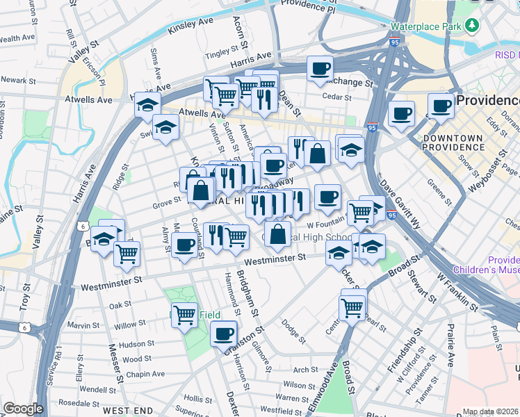 map of restaurants, bars, coffee shops, grocery stores, and more near 23 Primrose Street in Providence