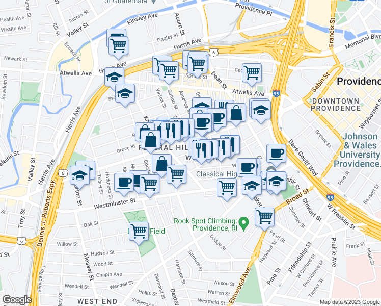 map of restaurants, bars, coffee shops, grocery stores, and more near 23 Primrose Street in Providence