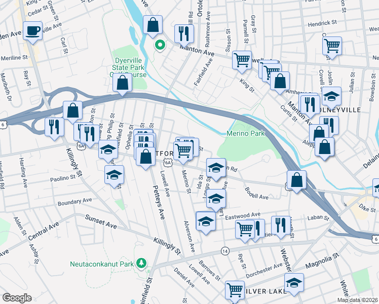 map of restaurants, bars, coffee shops, grocery stores, and more near 42 Ponagansett Avenue in Providence