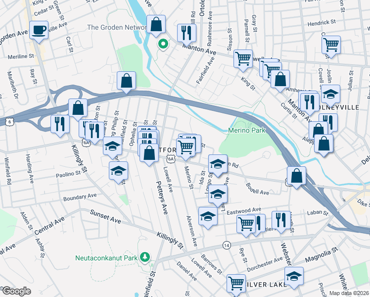 map of restaurants, bars, coffee shops, grocery stores, and more near 42 Ponagansett Avenue in Providence