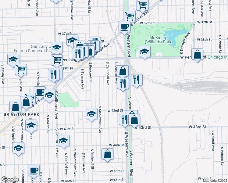 map of restaurants, bars, coffee shops, grocery stores, and more near 4033 South Campbell Avenue in Chicago