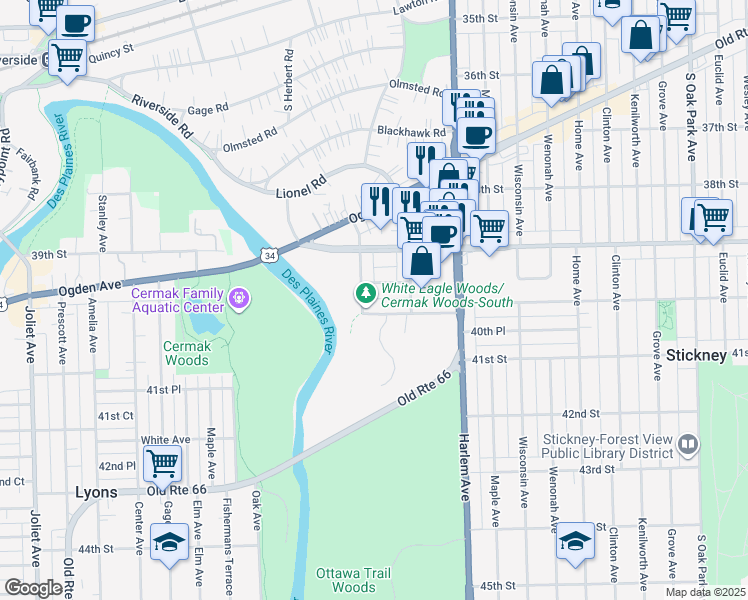 map of restaurants, bars, coffee shops, grocery stores, and more near 7313 Oakwood Avenue in Lyons