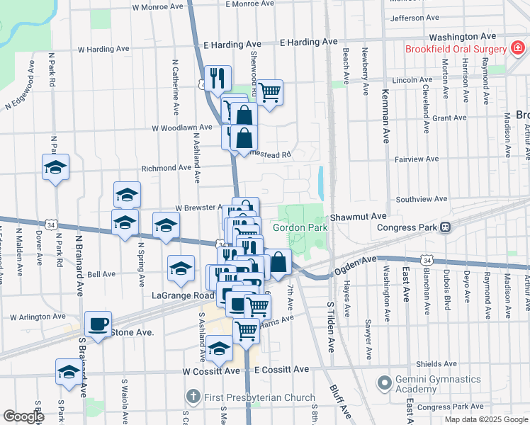 map of restaurants, bars, coffee shops, grocery stores, and more near 315 North La Grange Road in La Grange Park