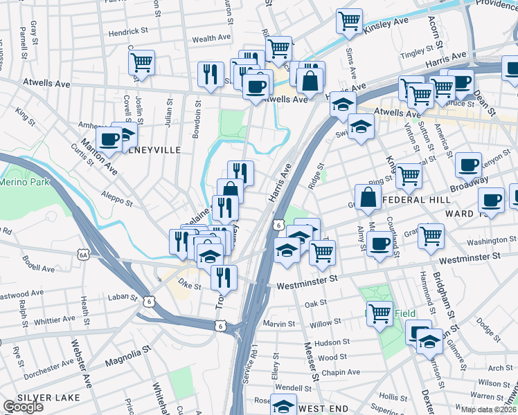 map of restaurants, bars, coffee shops, grocery stores, and more near 280 Grove Street in Providence