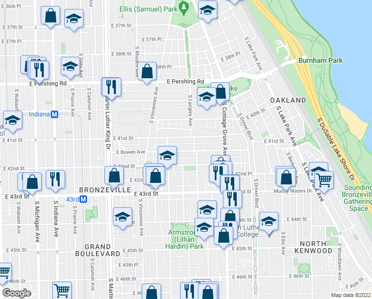 map of restaurants, bars, coffee shops, grocery stores, and more near 635 East 41st Street in Chicago