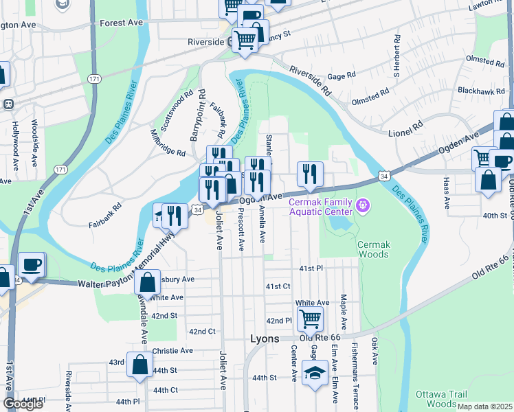 map of restaurants, bars, coffee shops, grocery stores, and more near 7860 Ogden Avenue in Lyons