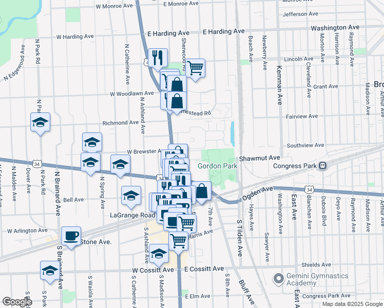 map of restaurants, bars, coffee shops, grocery stores, and more near 35 Shawmut Avenue in La Grange