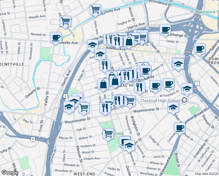 map of restaurants, bars, coffee shops, grocery stores, and more near 401 Broadway in Providence