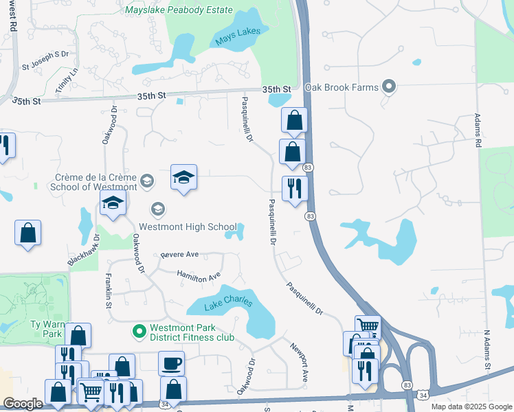 map of restaurants, bars, coffee shops, grocery stores, and more near 777 Oakmont Lane in Westmont