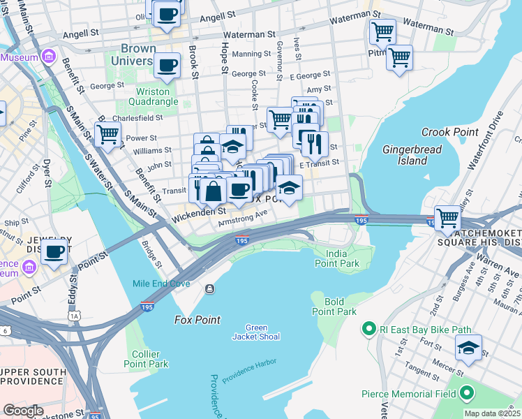 map of restaurants, bars, coffee shops, grocery stores, and more near in Providence