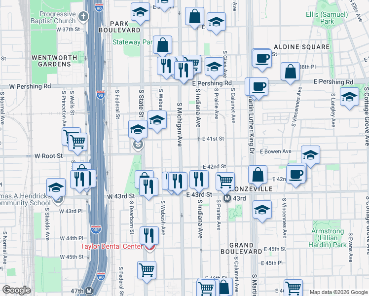 map of restaurants, bars, coffee shops, grocery stores, and more near 4109 South Michigan Avenue in Chicago