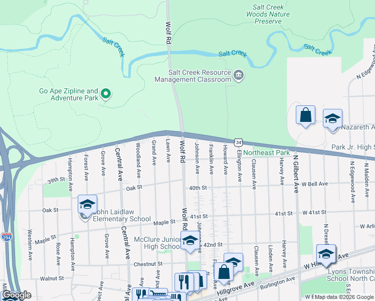 map of restaurants, bars, coffee shops, grocery stores, and more near 3817 Wolf Road in Western Springs