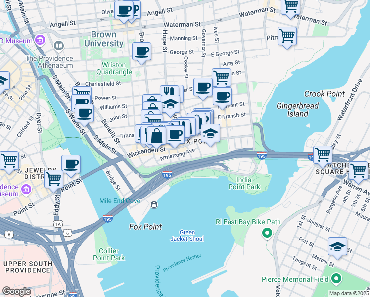 map of restaurants, bars, coffee shops, grocery stores, and more near in Providence