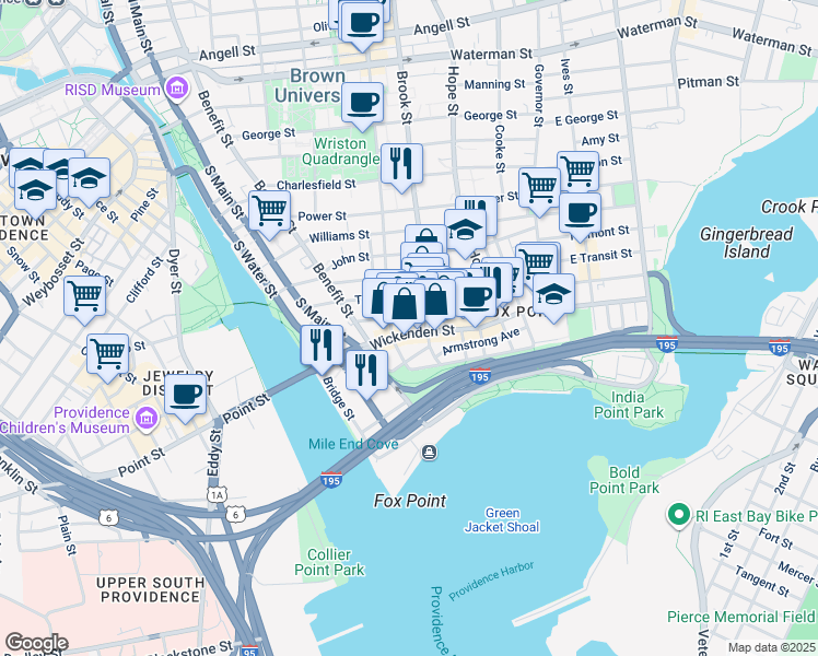 map of restaurants, bars, coffee shops, grocery stores, and more near 128 Brook Street in Providence