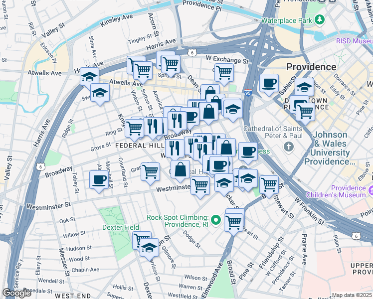 map of restaurants, bars, coffee shops, grocery stores, and more near 21 Battey Street in Providence