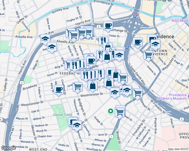 map of restaurants, bars, coffee shops, grocery stores, and more near 21 Battey Street in Providence