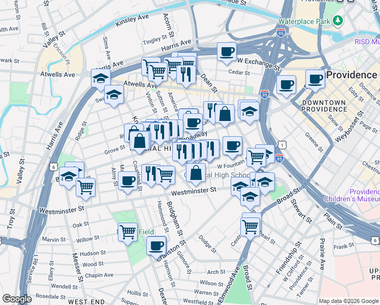 map of restaurants, bars, coffee shops, grocery stores, and more near 23 Primrose Street in Providence