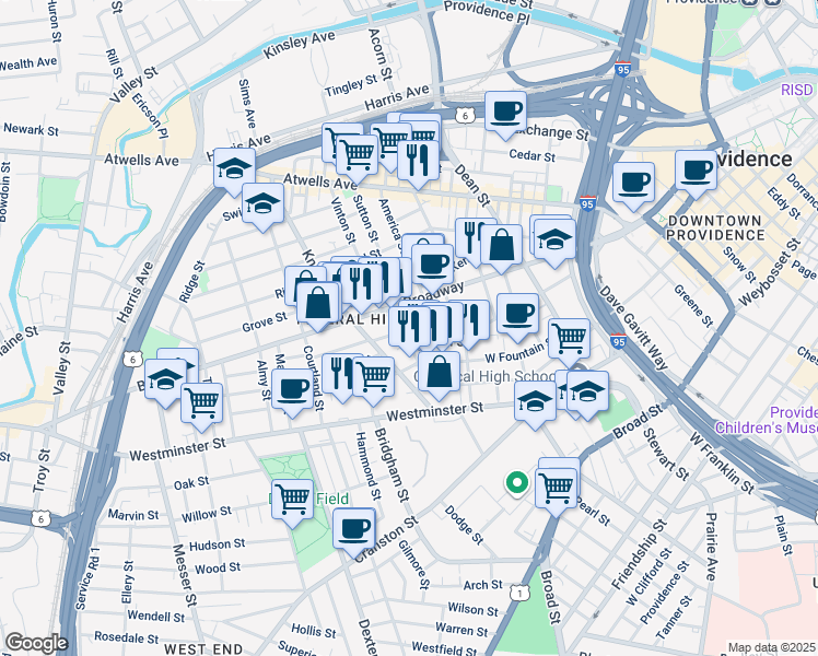map of restaurants, bars, coffee shops, grocery stores, and more near 23 Primrose Street in Providence