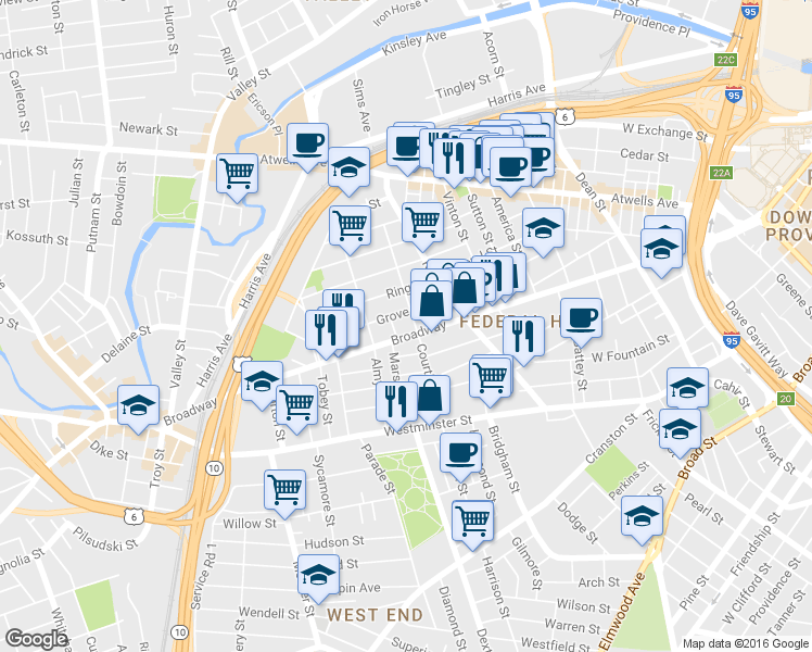 map of restaurants, bars, coffee shops, grocery stores, and more near 84 Courtland Street in Providence