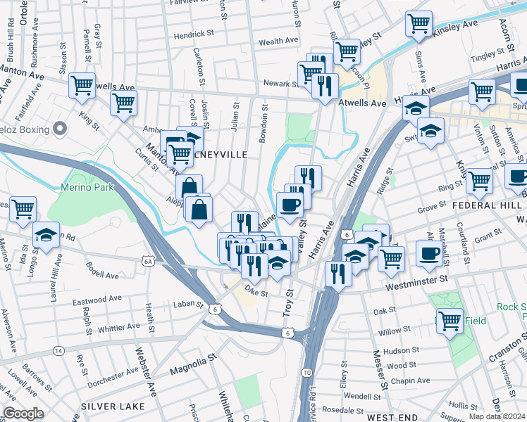 map of restaurants, bars, coffee shops, grocery stores, and more near 3 Bowdoin Street in Providence