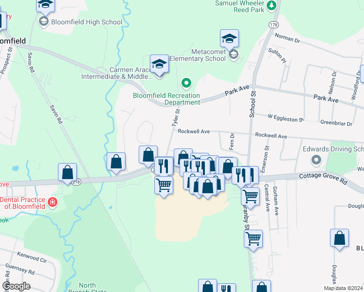 map of restaurants, bars, coffee shops, grocery stores, and more near 333 Rockwell Avenue in Bloomfield