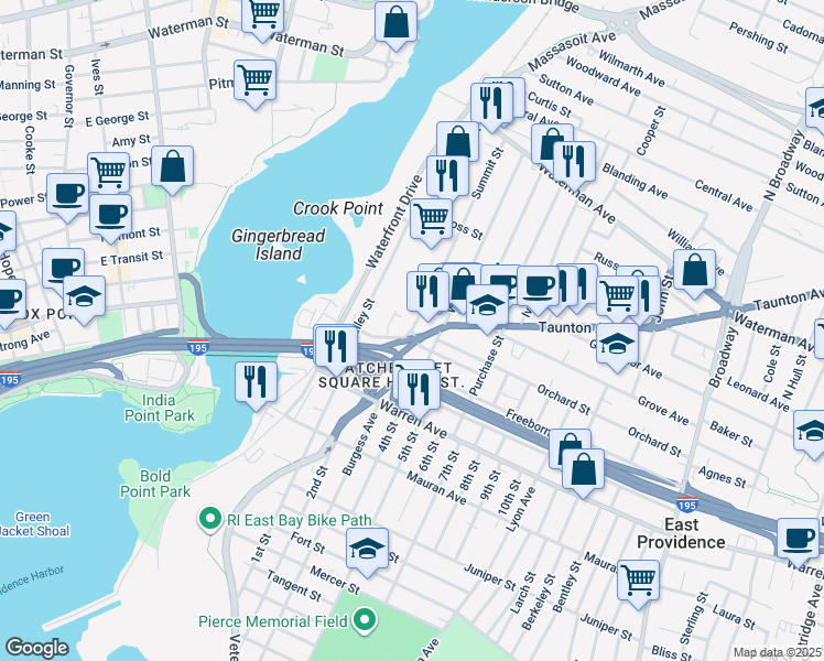 map of restaurants, bars, coffee shops, grocery stores, and more near 2 Taunton Avenue in East Providence