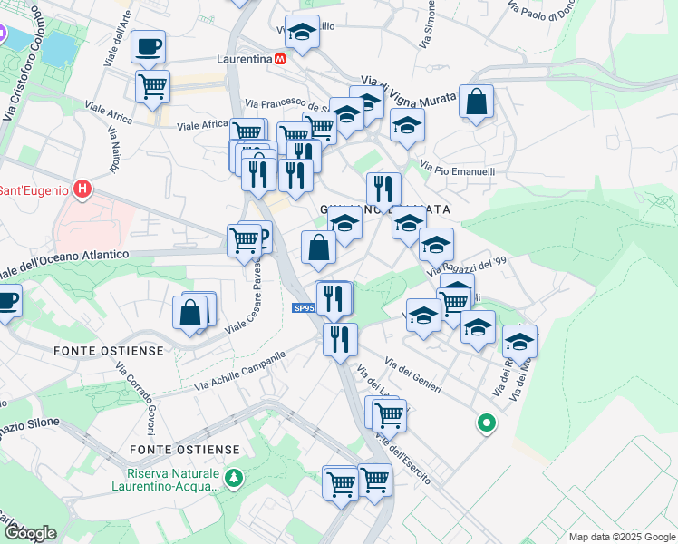 map of restaurants, bars, coffee shops, grocery stores, and more near 67 Via degli Artificieri in Rome