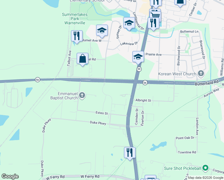 map of restaurants, bars, coffee shops, grocery stores, and more near 30W221 Butterfield Road in Naperville
