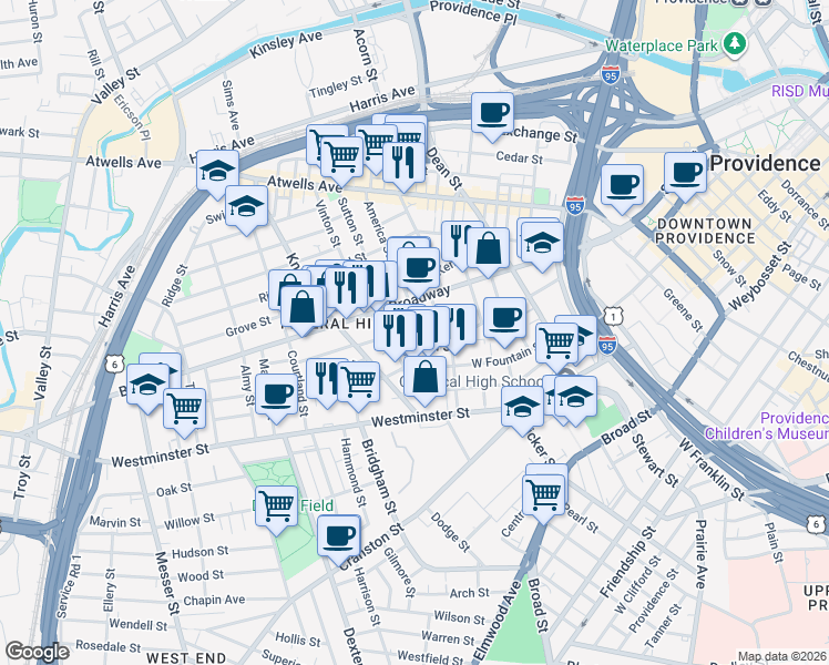 map of restaurants, bars, coffee shops, grocery stores, and more near 67 Vernon Street in Providence