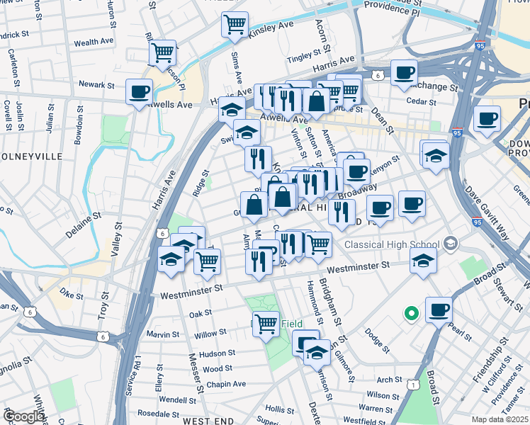 map of restaurants, bars, coffee shops, grocery stores, and more near 84 Courtland Street in Providence