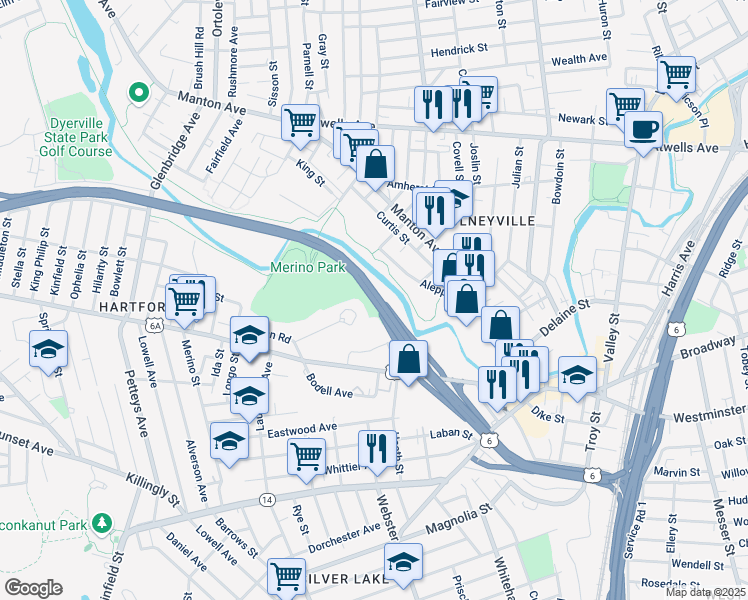 map of restaurants, bars, coffee shops, grocery stores, and more near Dennis J. Roberts Expressway in Providence