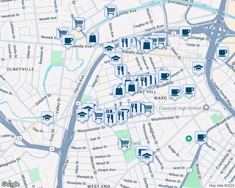 map of restaurants, bars, coffee shops, grocery stores, and more near 119 Grove Street in Providence
