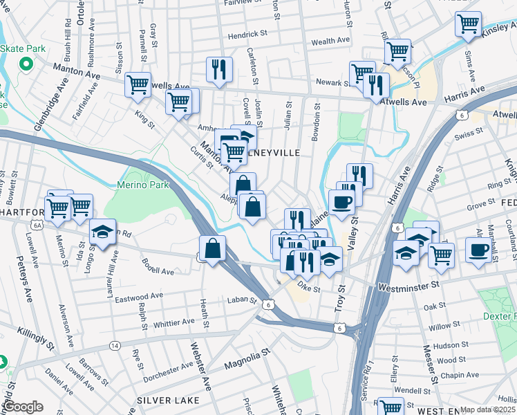 map of restaurants, bars, coffee shops, grocery stores, and more near 165 Manton Avenue in Providence