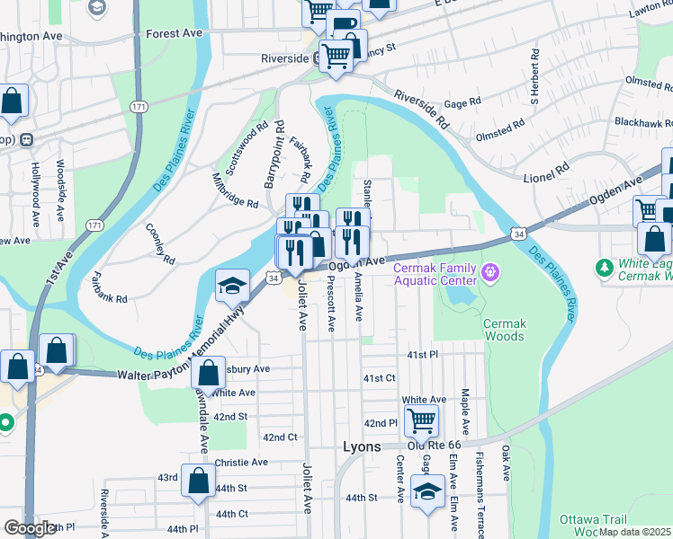 map of restaurants, bars, coffee shops, grocery stores, and more near 7860 Ogden Avenue in Lyons